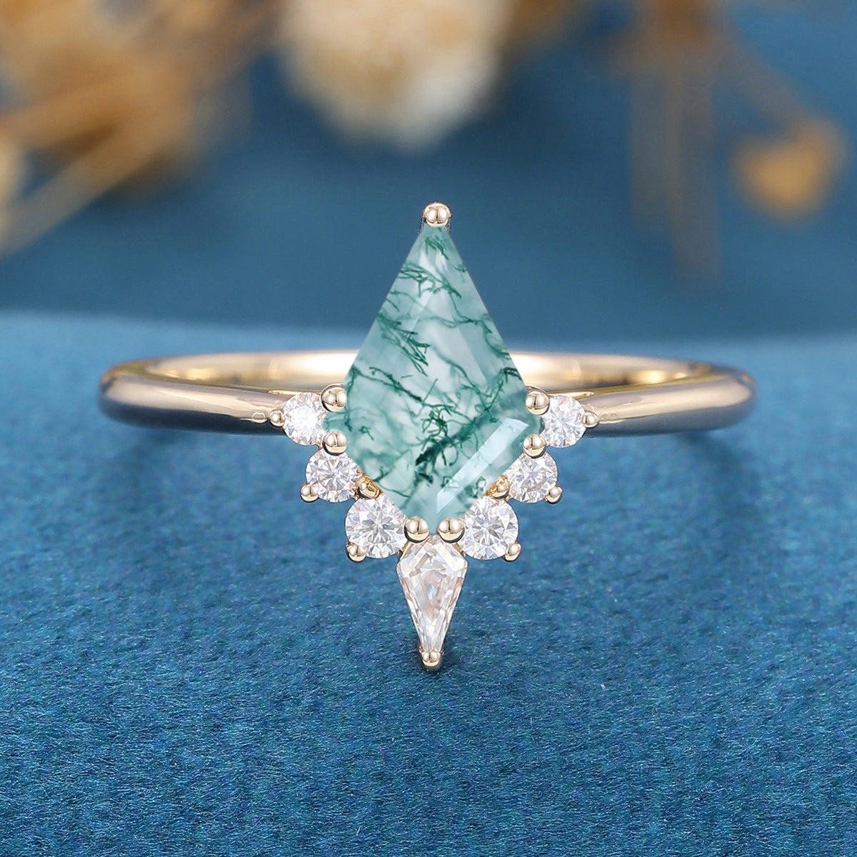 Kite Cut Natural Green Moss Agate Cluster Engagement Ring