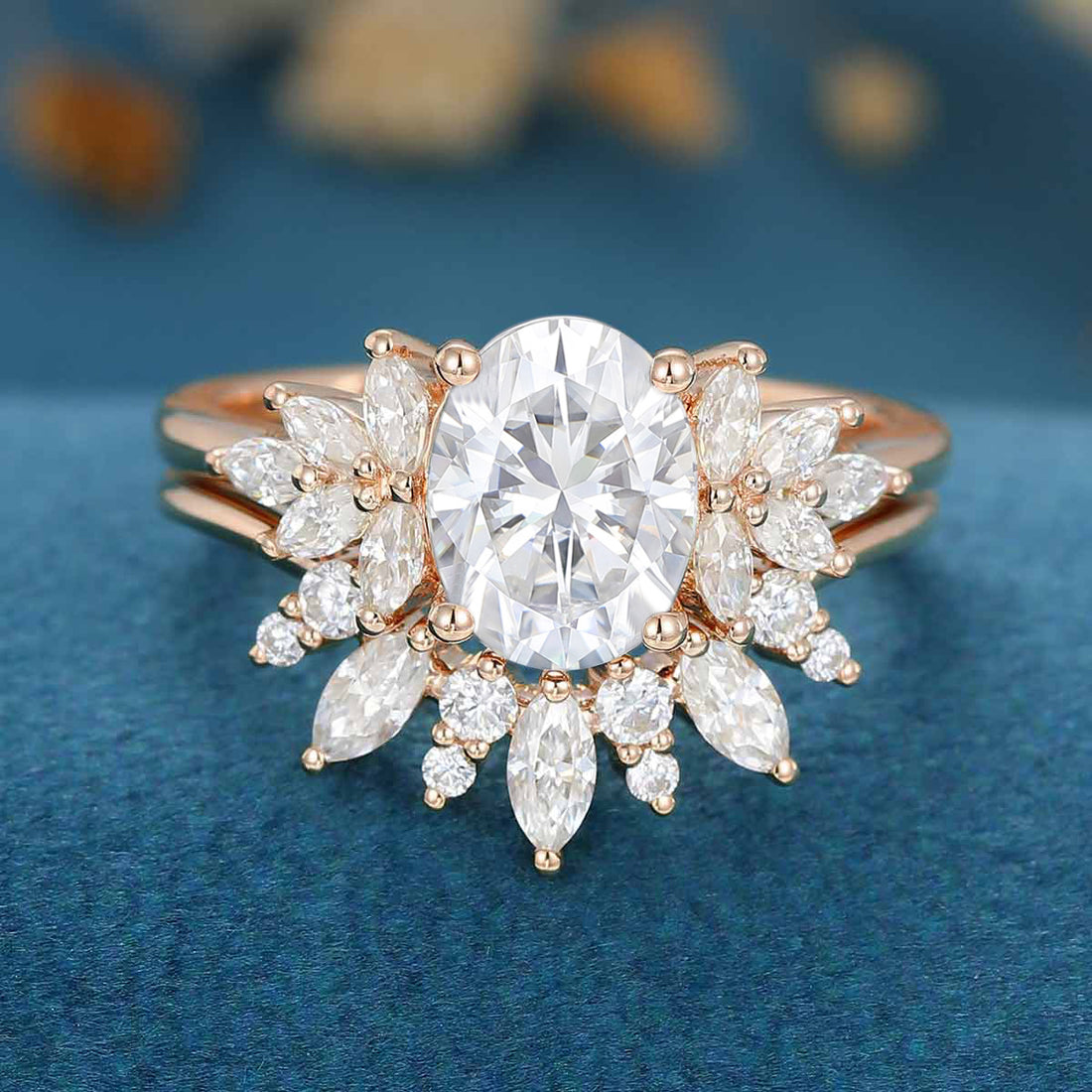 Oval cut Moissanite Cluster Engagement ring Bridal Set
