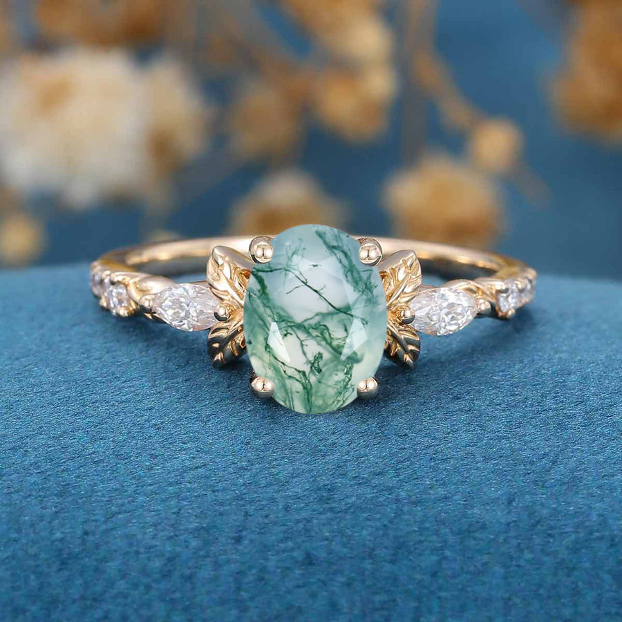 Natural Green Moss Agate Oval cut cluster Engagement Ring