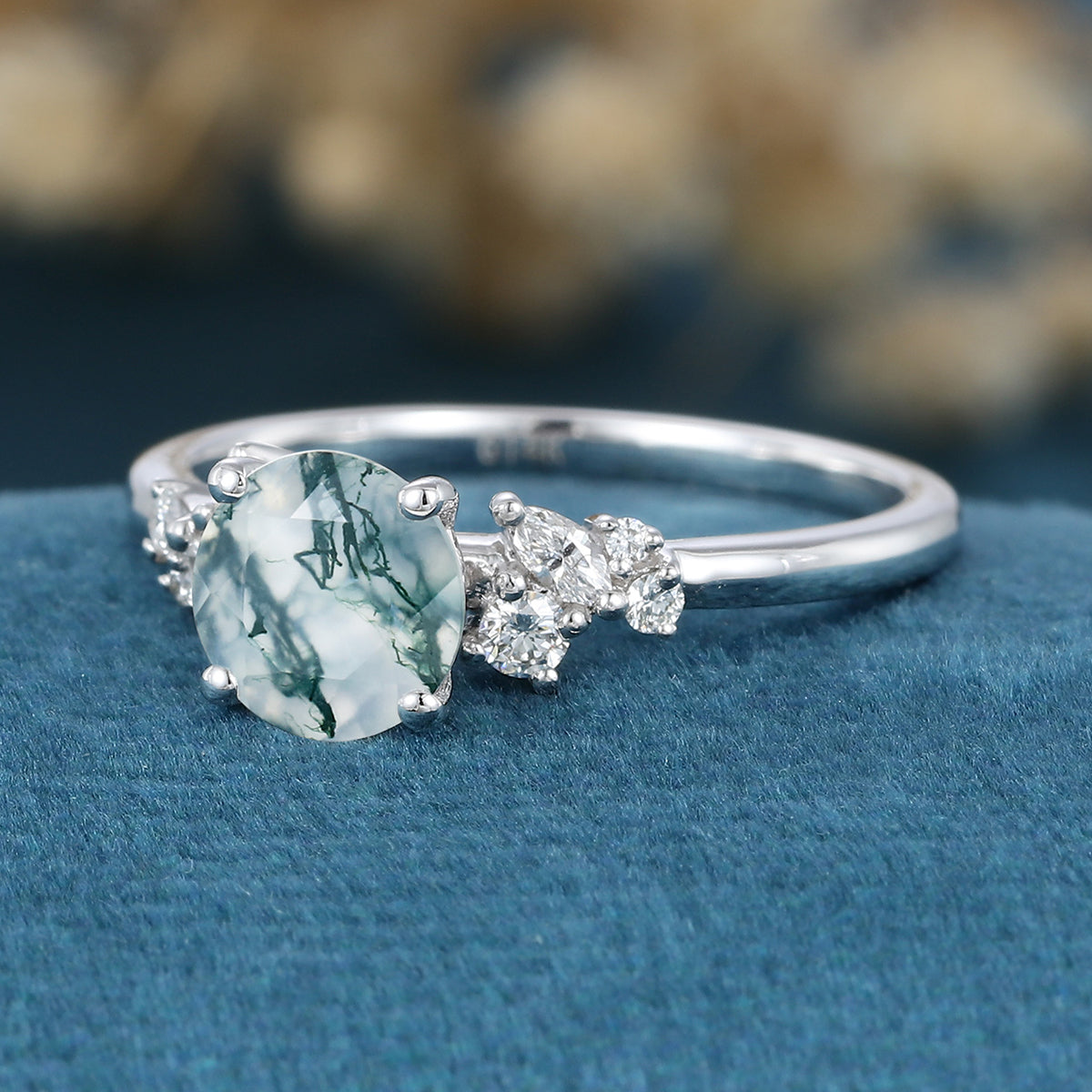 Round cut Moss Agate Matching Mossanite | Diamonds Gold Engagement Ring