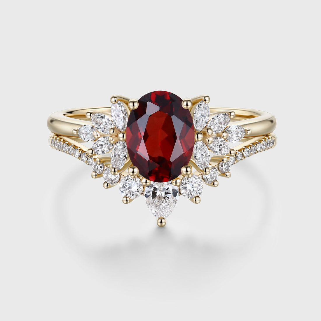 Vintage Oval cut Garnet Cluster Engagement ring Bridal Set