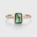 Bezel setting Emerald cut Moss Agate Half Eternity  Moissanite | Diamond Gold Engagement Ring