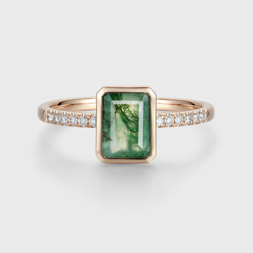 Bezel setting Emerald cut Moss Agate Half Eternity  Moissanite | Diamond Gold Engagement Ring