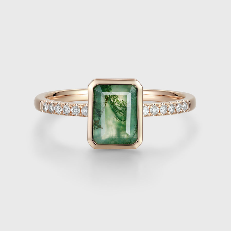 Bezel setting Emerald cut Moss Agate Half Eternity  Moissanite | Diamond Gold Engagement Ring