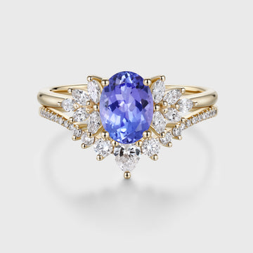 1.5Carat Oval cut Tanzanite Cluster Engagement ring Bridal Set