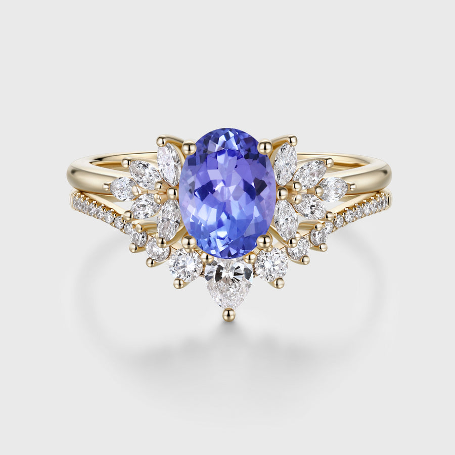1.5Carat Oval cut Tanzanite Cluster Engagement ring Bridal Set