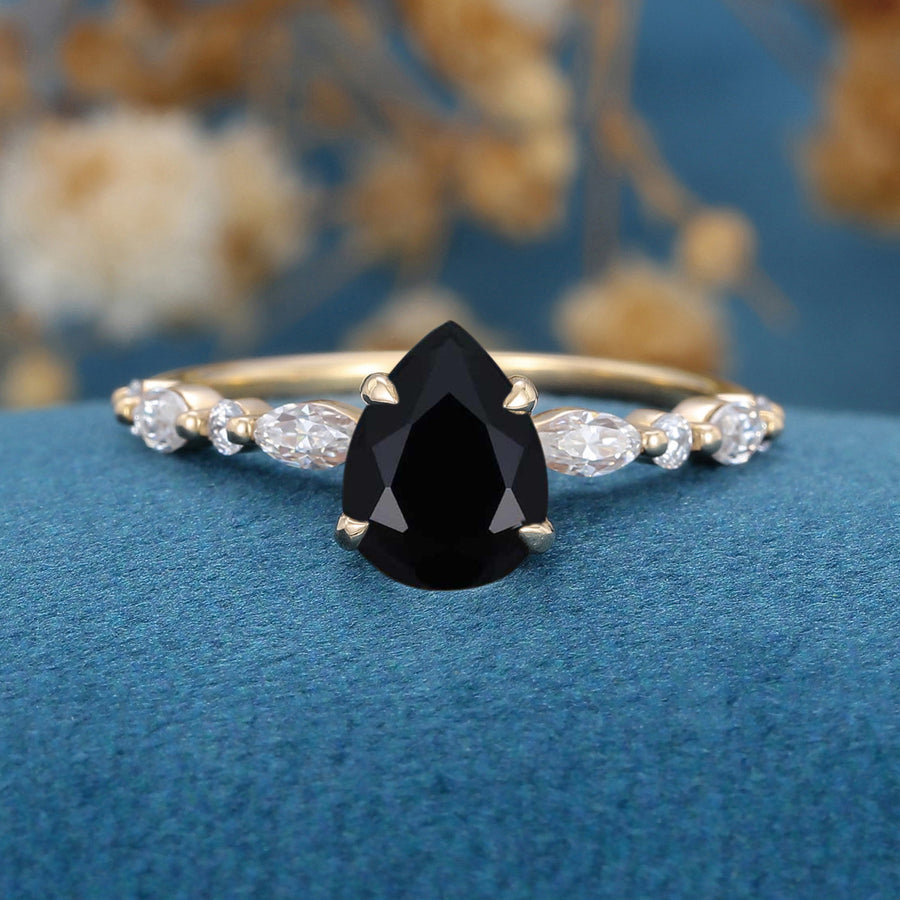 Pear cut Black Onyx Cluster Engagement Ring