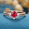 Round  cut Lab Ruby Cluster Engagement ring Bridal Set 