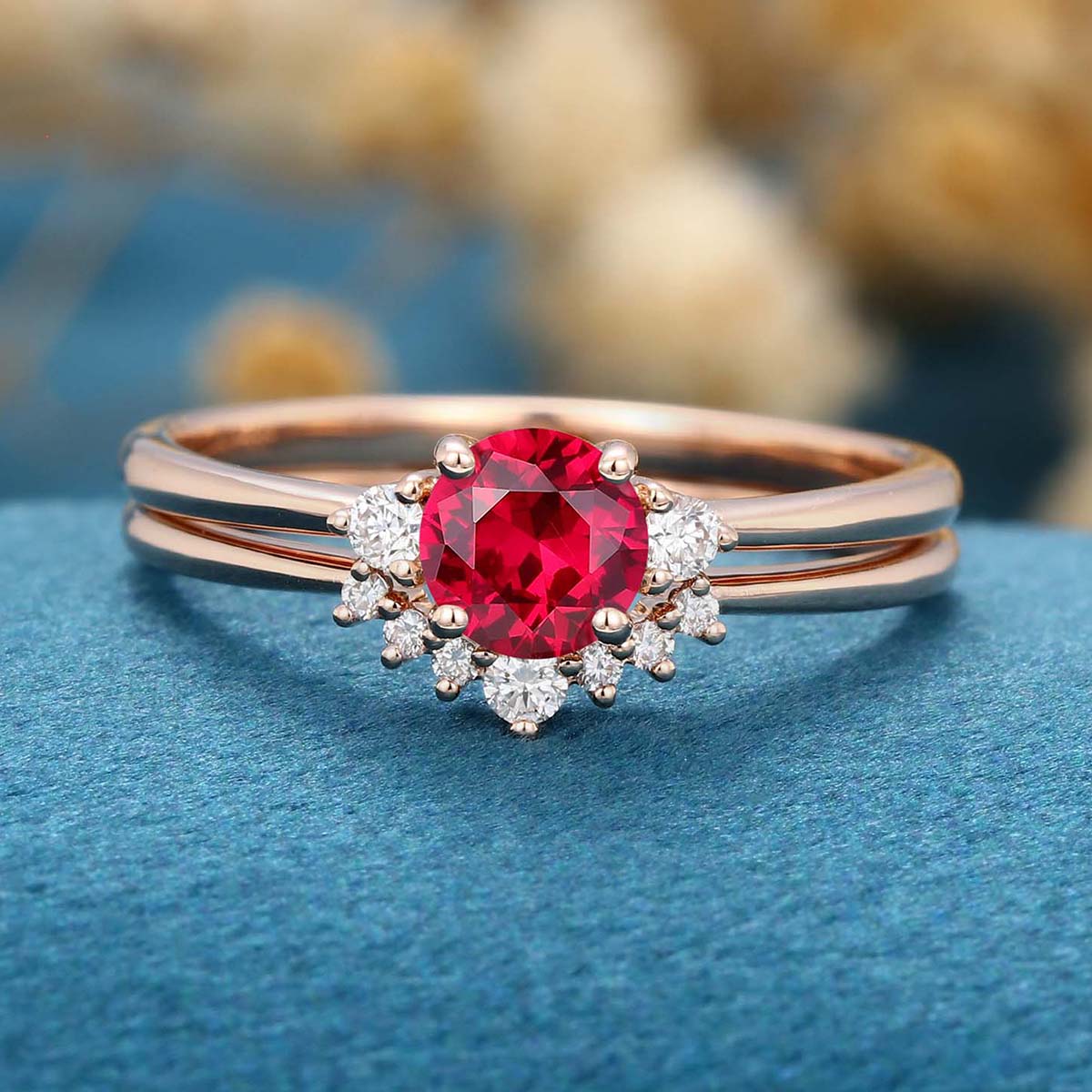 Round  cut Lab Ruby Cluster Engagement ring Bridal Set 