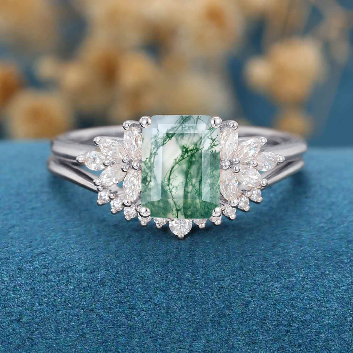 Natural Green Moss Agate 2PCS Emerald cut Cluster Engagement ring Bridal Sets