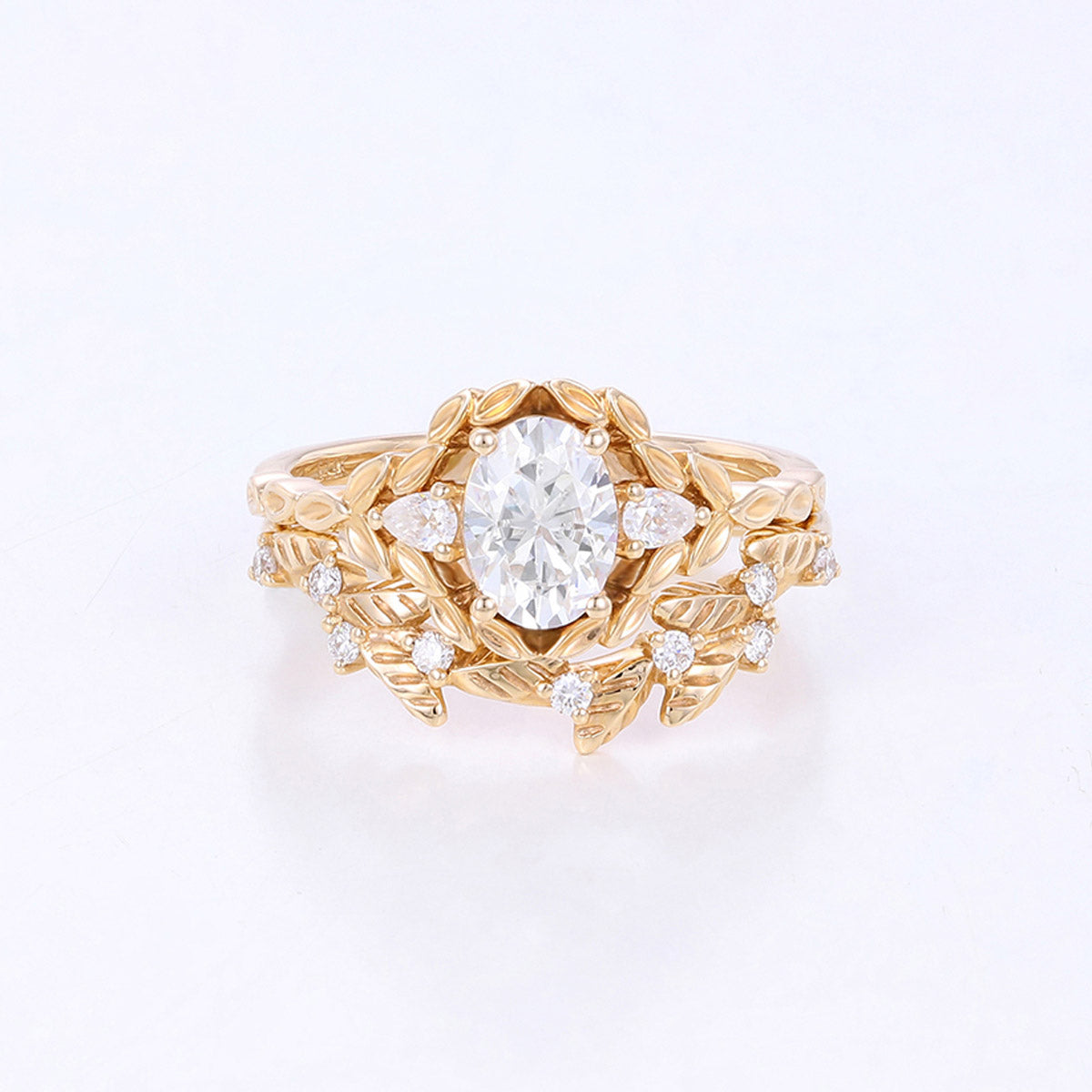 Nature Inspired Round cut Moissanite Leaf Gold ring set