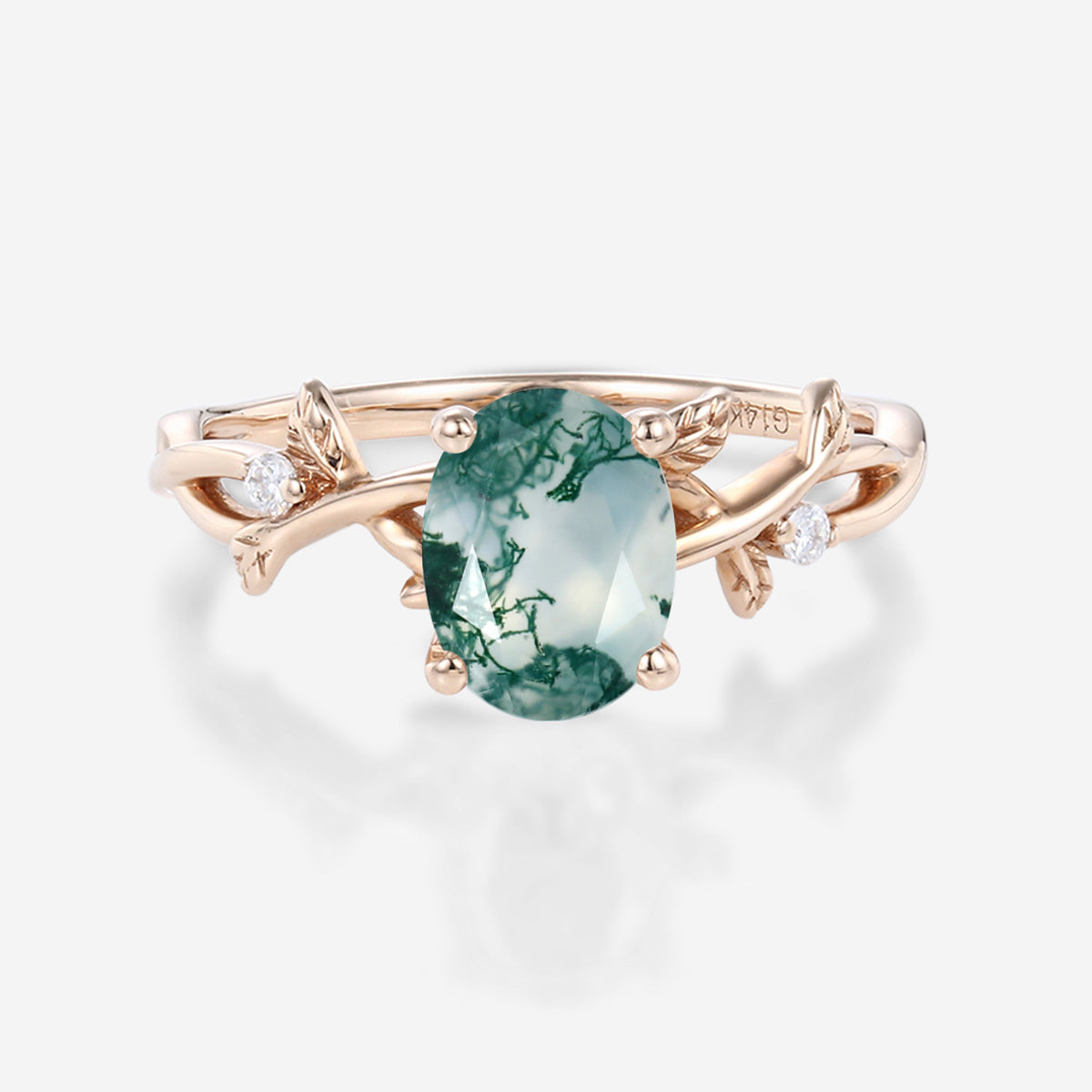 Nature Inspired Oval cut Moss Agate Leaf Gold Engagement Ring