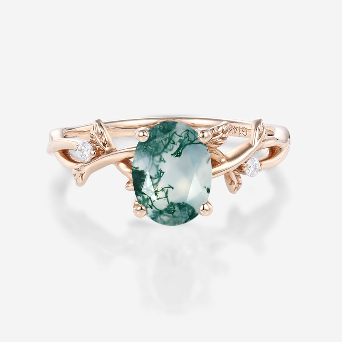 Nature Inspired Oval cut Moss Agate Leaf Gold Engagement Ring