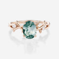 Nature Inspired Oval cut Moss Agate Leaf Gold Engagement Ring