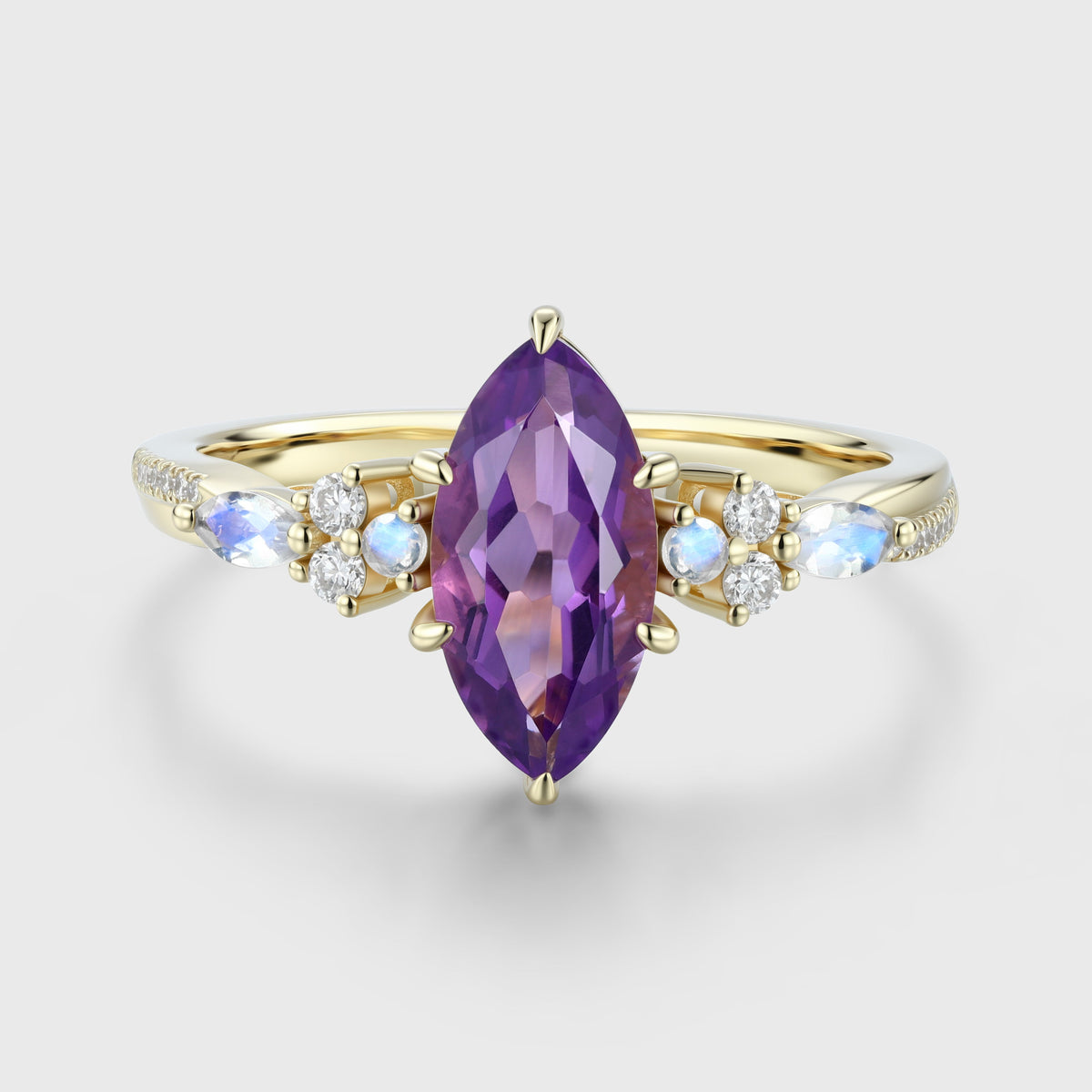 Inspired  Marquise cut Amethyst Matching Diamond | Moonstone Solid Gold Engagement Ring