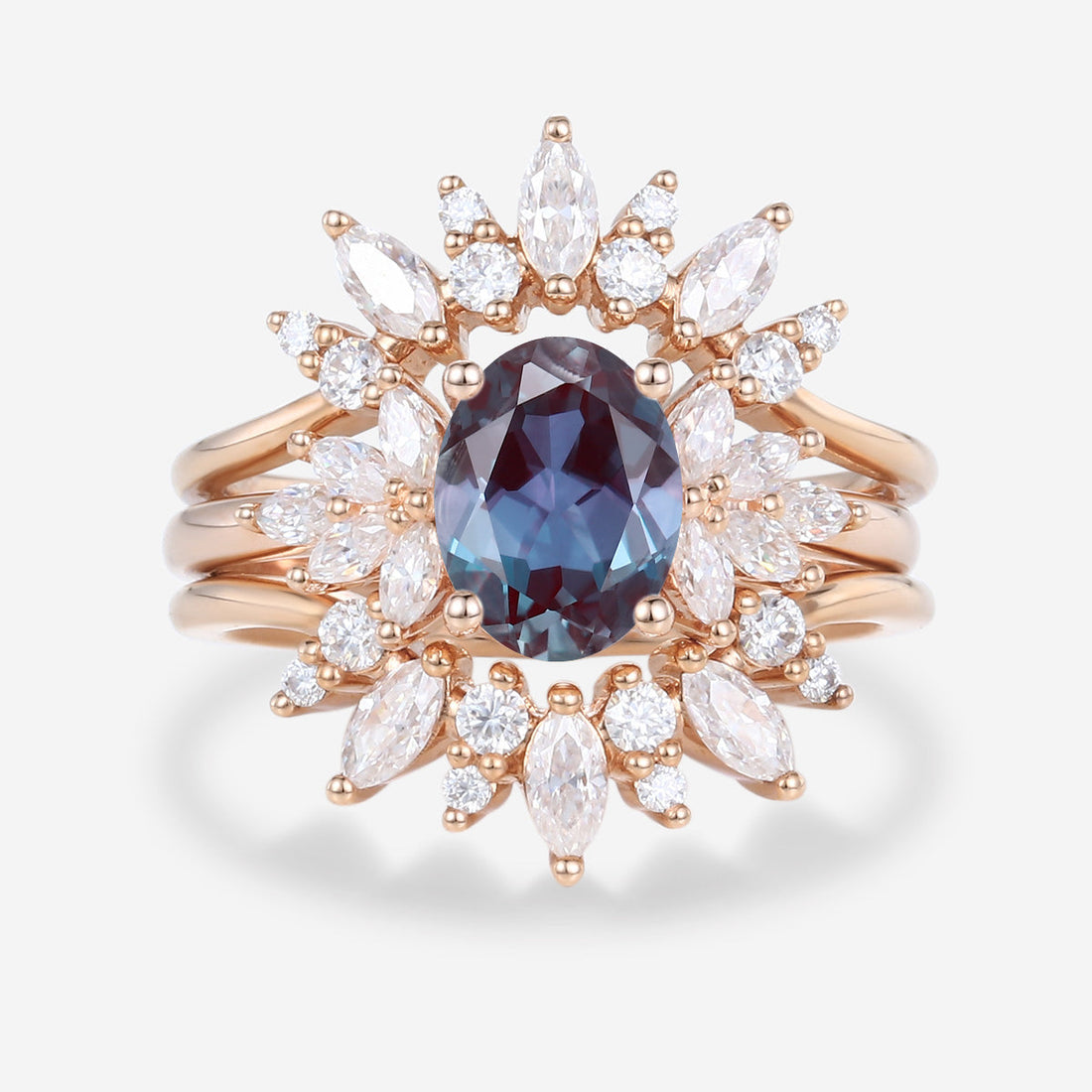 1.5Carat 3PCS Oval cut Lab Alexandrite Cluster Engagement Ring Set