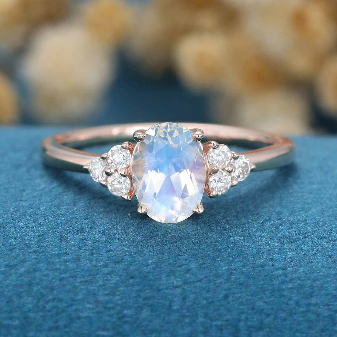 Oval cut Moonstone Cluster Engagement ring Bridal Set