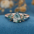 Natural Green Moss Agate pear cut cluster Engagement Ring 