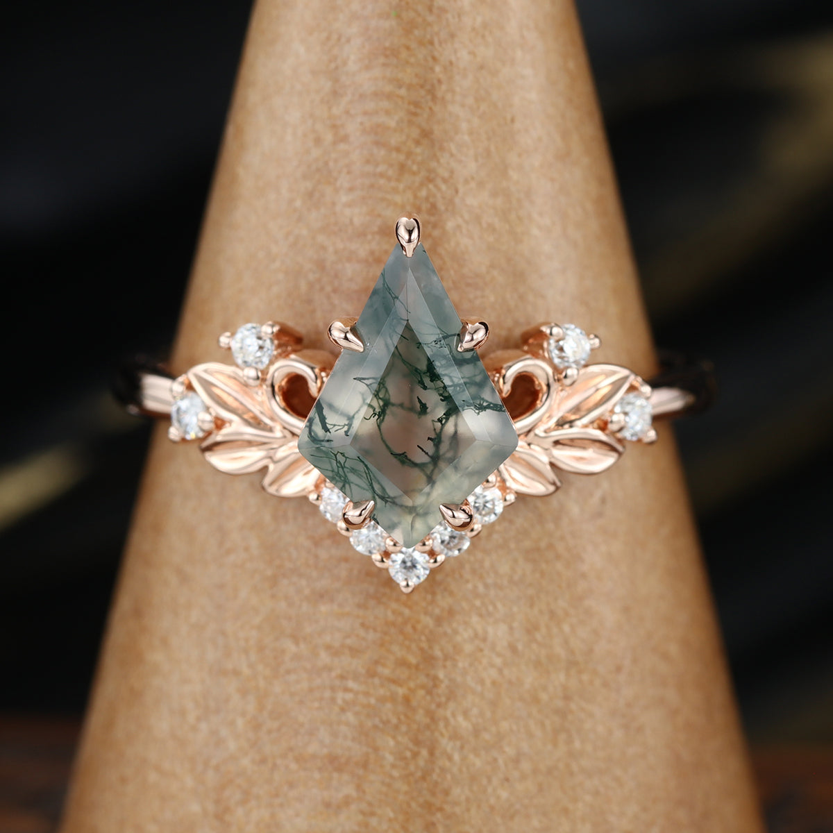 Nature Inspired Kite cut Moss Agate Leaf Gold Engagement Ring