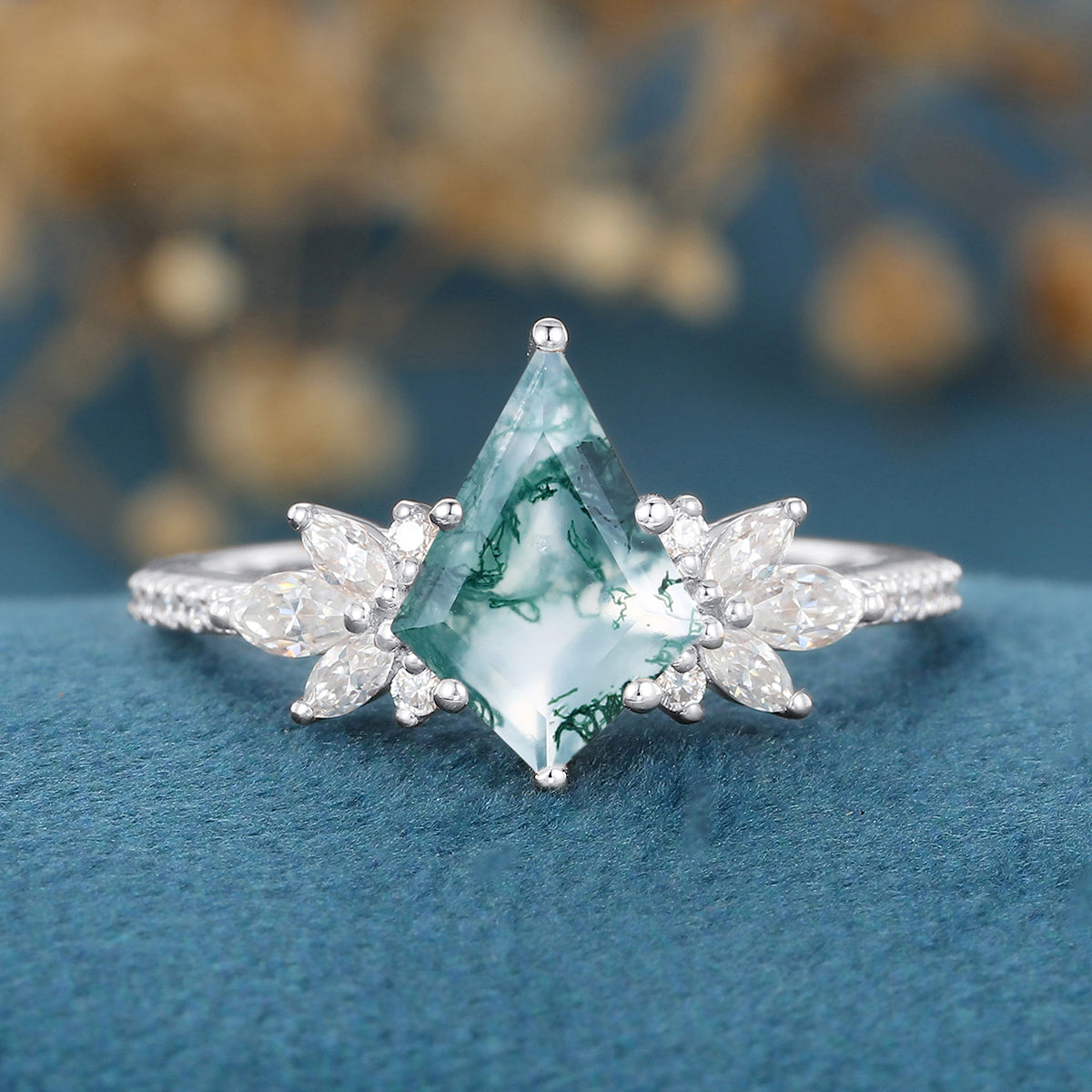 Kite Cut Natural Green Moss Agate Cluster Engagement Ring