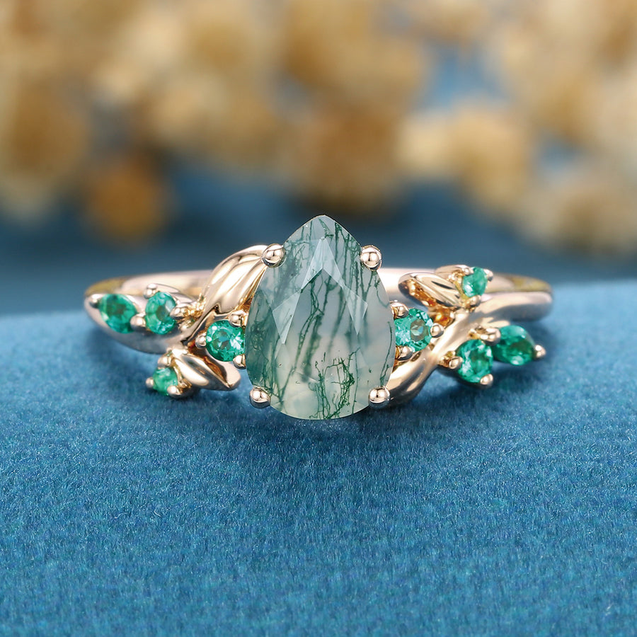 Pear cut Moss Agate Matching Lab Emeralds Gold Engagement Ring