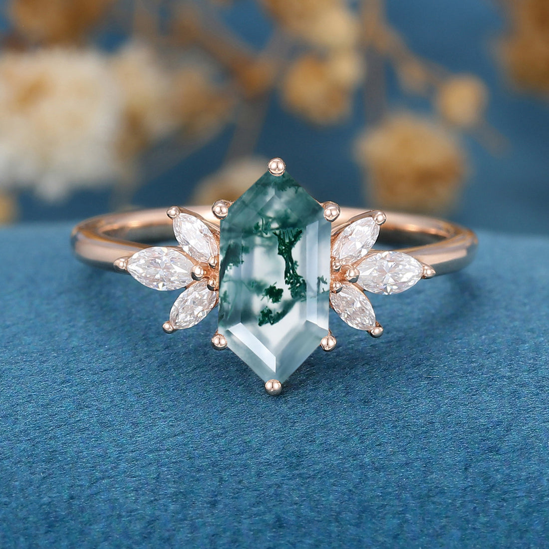 Natural Green Moss Agate Long Hexagon Cut Cluster Engagement rings