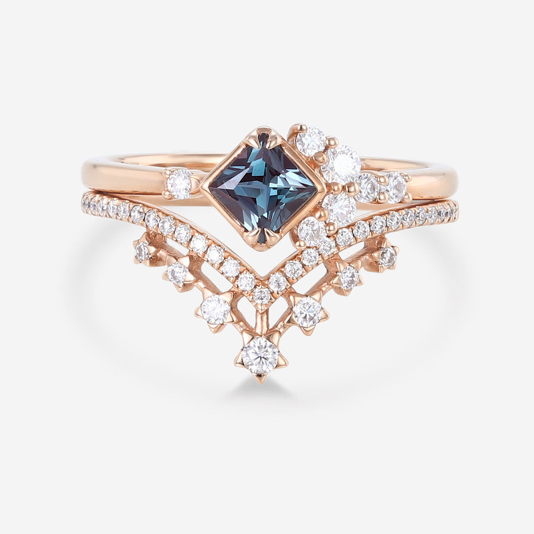 Princess cut Lab Alexandrite | Diamond Wedding Bridal Set