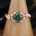 Nature Inspired Princess cut Moss Agate Damonds Leaf Gold Engagement Ring