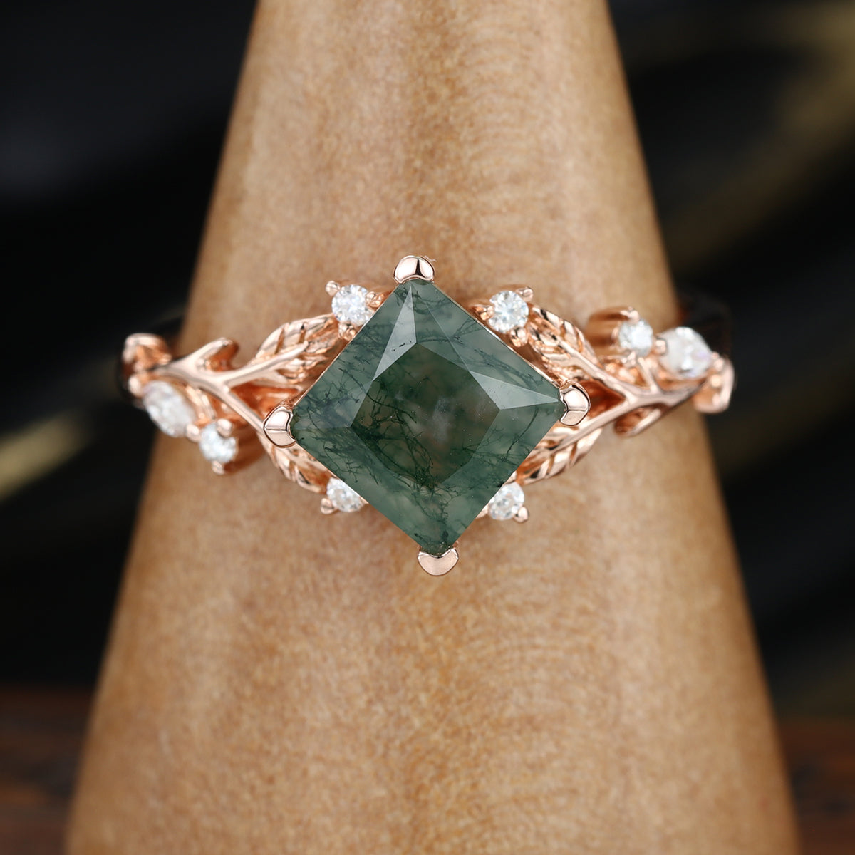 Nature Inspired Princess cut Moss Agate Damonds Leaf Gold Engagement Ring