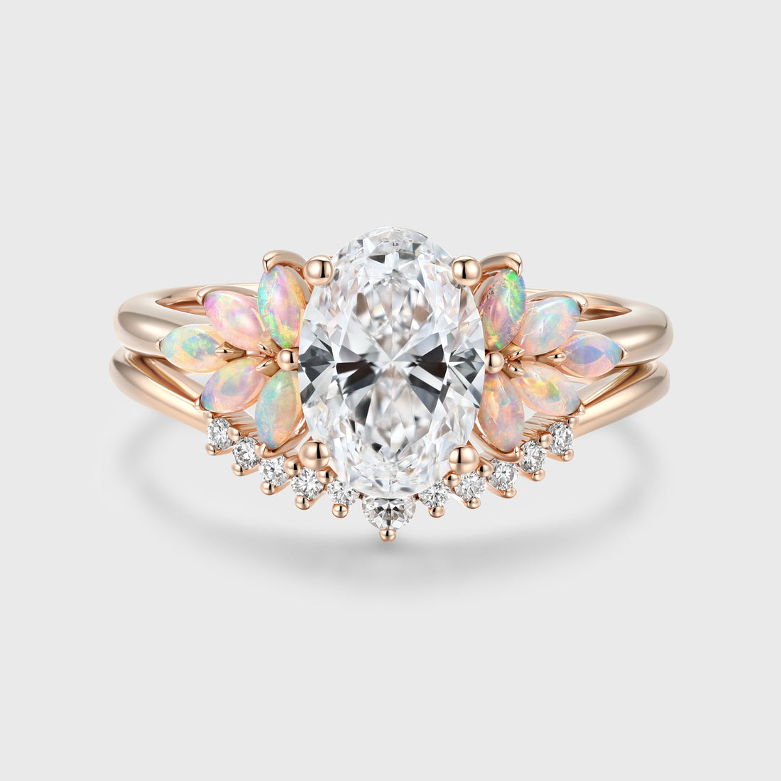 Oval cut Lab-Grown Diamond Engagement ring Rose gold Cluster Opal Curved Diamond Wedding Bridal Set