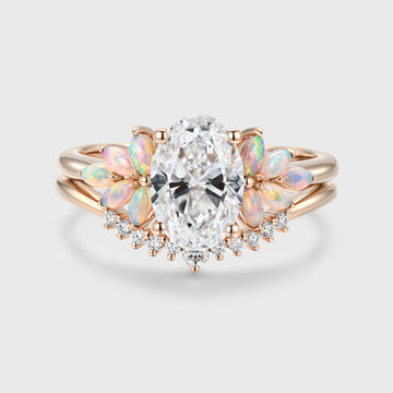 Oval cut Lab-Grown Diamond Engagement ring Rose gold Cluster Opal Curved Diamond Wedding Bridal Set