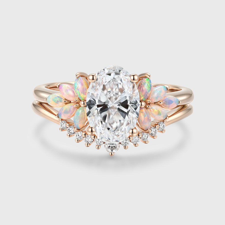 Oval cut Lab-Grown Diamond Engagement ring Rose gold Cluster Opal Curved Diamond Wedding Bridal Set