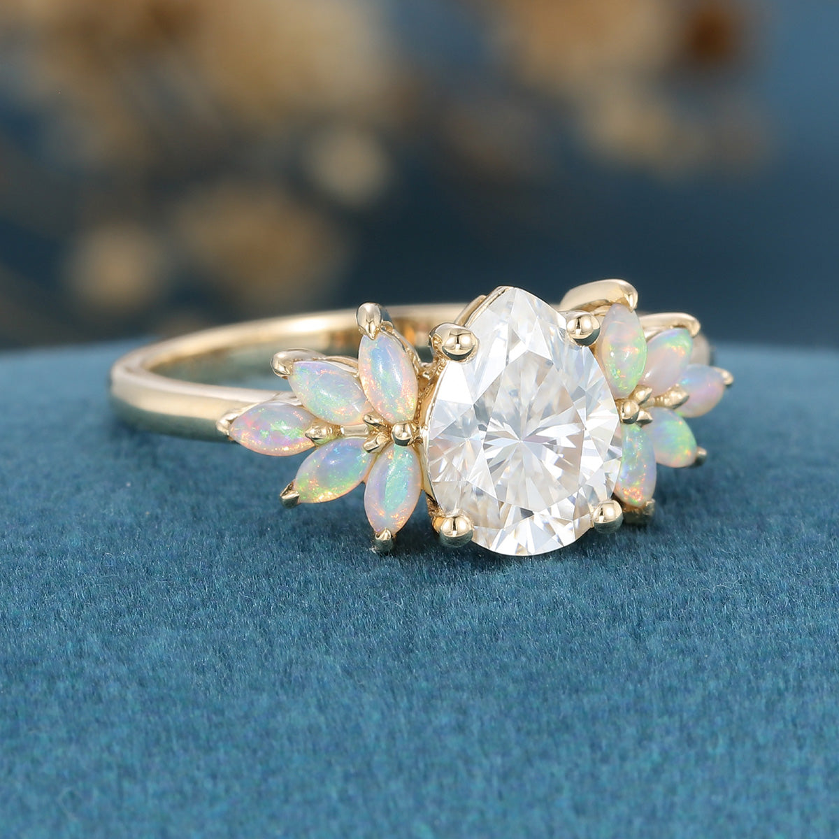 Pear cut Moissanite Cluster Opal Engagement ring