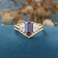 Long Hexagon cut Alexandrite Engagement Ring Bridal Set 