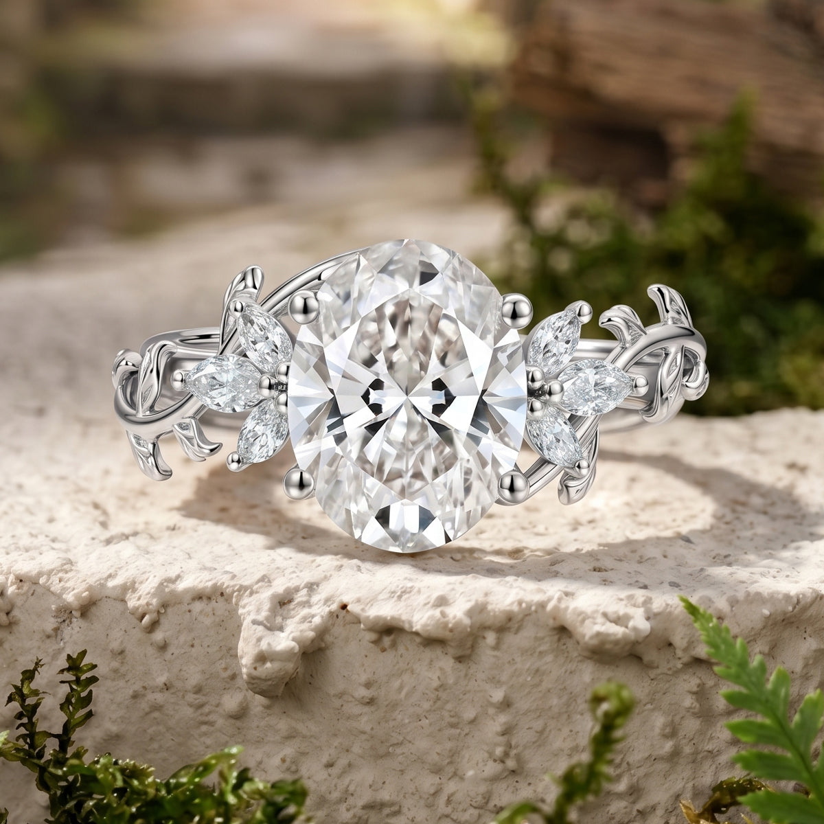 1.0CT~5.0CT Oval cut Lab grown diamond Leaf Engagement Ring Nature Inspired Band