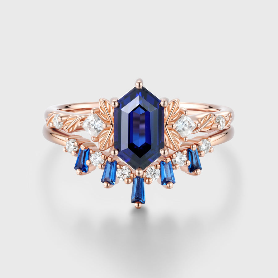 Hexagon cut Sapphire Leaf Vine Split Shank Bridal Set