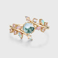 Round Cut Natural Green Moss Agate Cluster Engagement Ring