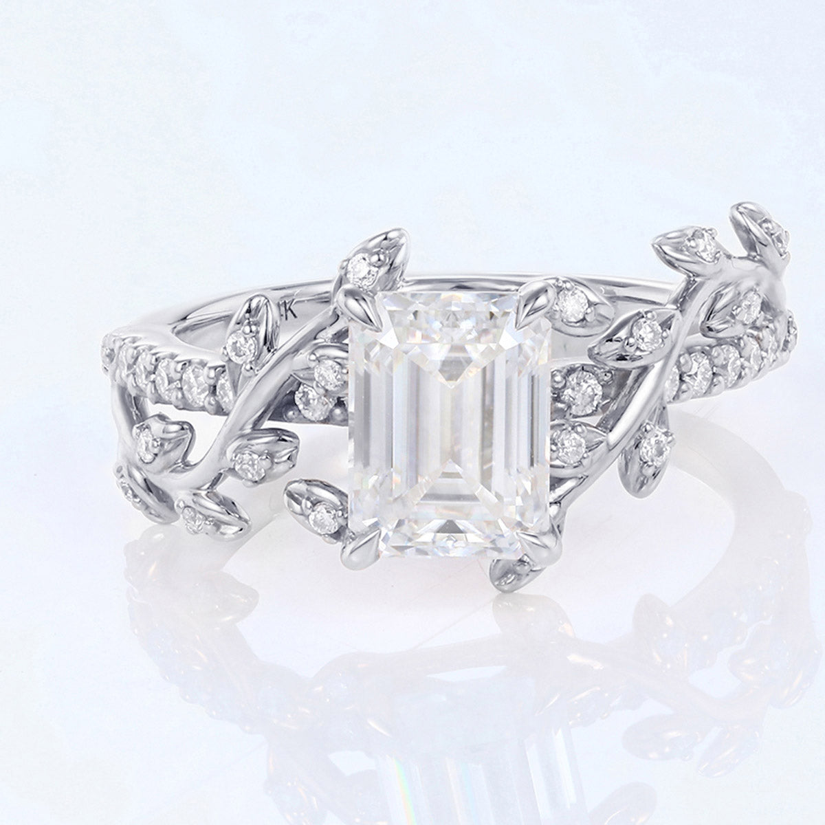 Nature Inspired Emerald cut Moissanite Leaf Gold Engagement Ring