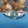 Round Cut Natural Green Moss Agate Cluster Engagement Ring 