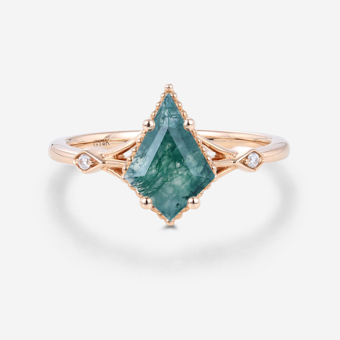 Kite Cut Natural Green Moss Agate Cluster Engagement Ring