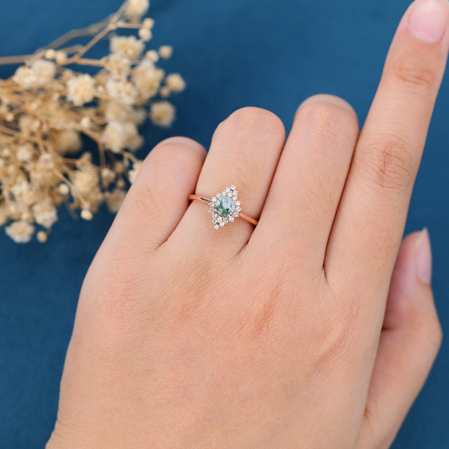 Round cut Moss Agate Matching Mossanite | Diamonds Gold Engagement Ring