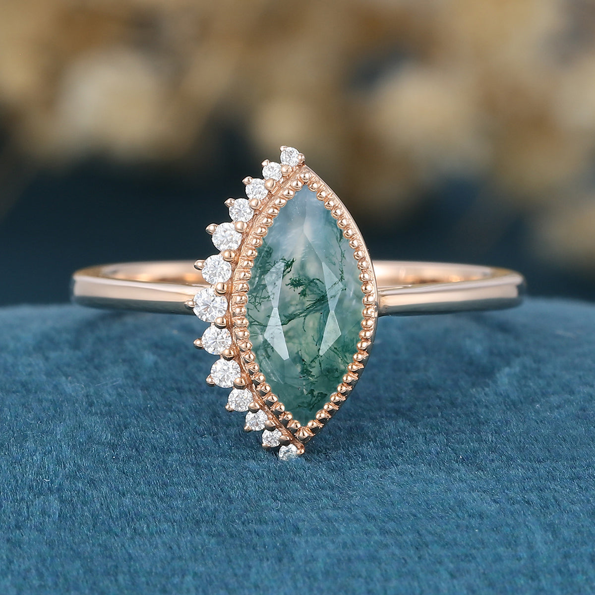 Marquise cut Moss Agate Matching London blue Topaz Gold Engagement Ring