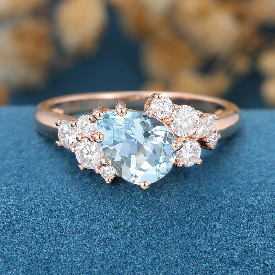 Pear cut Aquamarine Cluste Engagement ring Bridal Set
