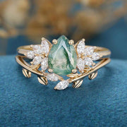 Moss Agate Natural Green Pear cut Engagement ring Bridal Sets