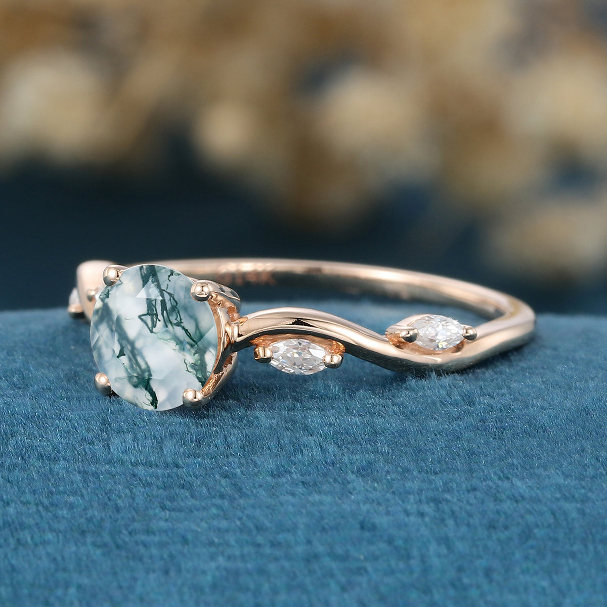 Round cut Moss Agate Matching Mossanite | Diamonds Gold Engagement Ring