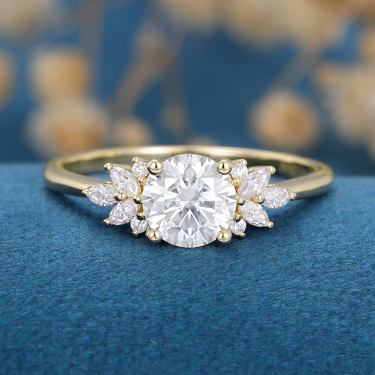 1 Carat Round cut Moissanite Cluster Engagement ring