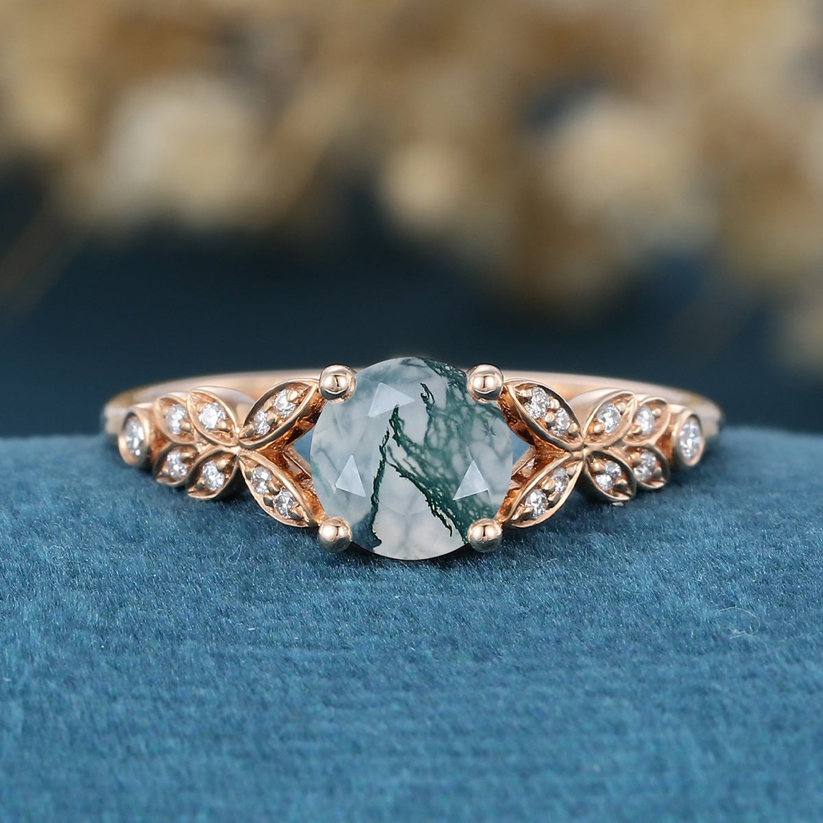 Round cut Moss Agate Matching Mossanite | Diamonds Gold Engagement Ring