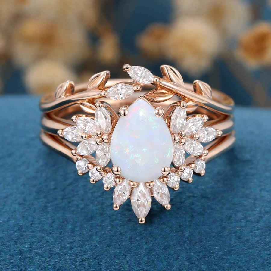 3PCS Pear cut Opal Engagement ring Bridal Set