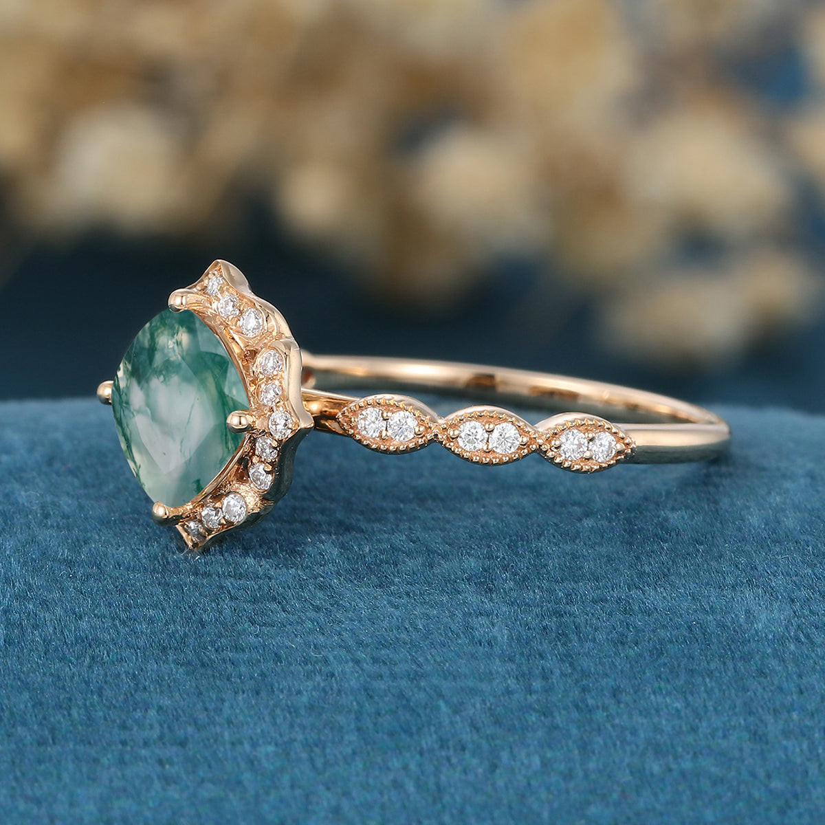 Round cut Moss Agate Matching Mossanite | Diamonds Gold Engagement Ring (Copy)