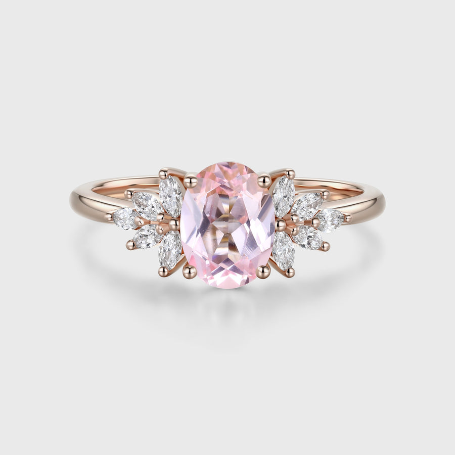 Oval Shaped Lab Grown Pink Sapphire Moissanite Cluster Engagement ring